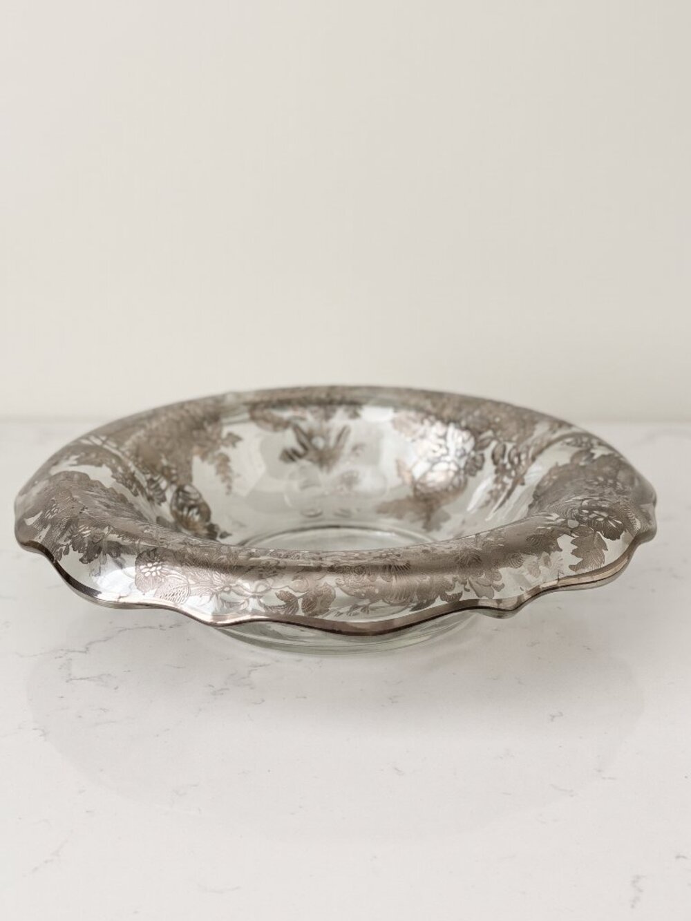 VTG Fostoria Baroque Silver Overlay Glass Bowl 12" Floral Heavy Centerpiece MCM